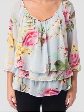 Joseph Ribkoff Mint Green Floral Layered Chiffon Blouse Top Plus Size 20